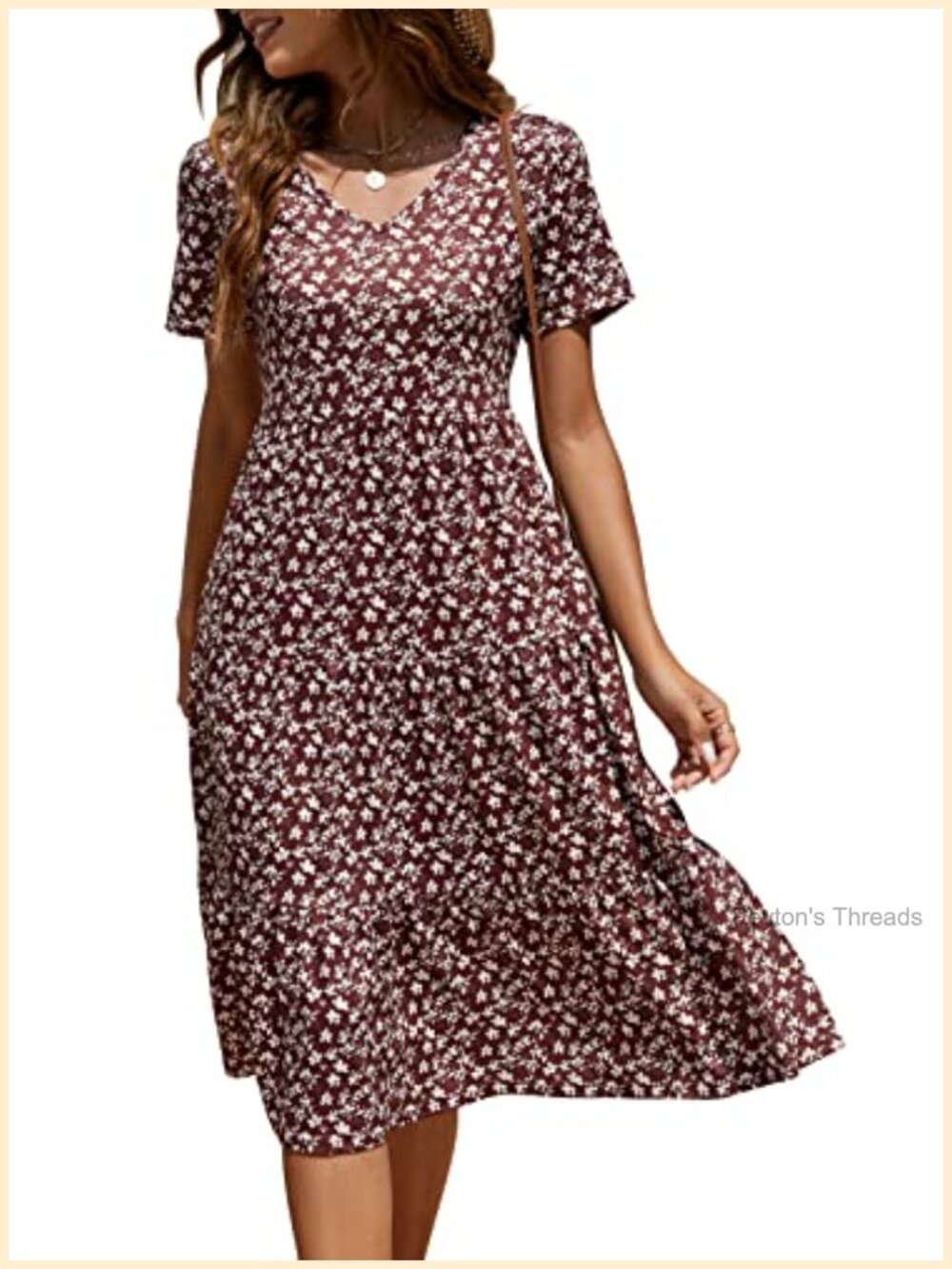Women's Casual Tiered Midi Dress V Neck Boho Sundress Cotton Blend